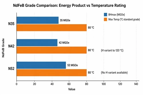 NdFeB Grade Comparison: N35 vs N42 vs N52 Energy Product and Temperature