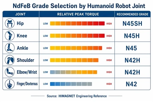 info-1-1 Arc-segment NdFeB magnets and joint actuator torque comparison for humanoid robot hip, knee and dexterous hand joints