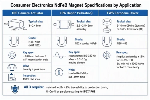 info-1-1 NdFeB magnets for OIS camera actuators, LRA haptic actuators, and TWS earphone drivers