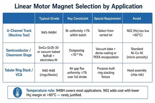 info-1-1 NdFeB and SmCo magnets for U-channel linear motor tracks, tubular ring stacks, and voice coil actuators